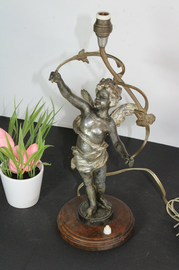 Antique French spelter bronze putti cherub figurine table lamp