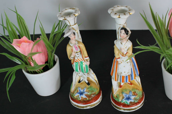 PAIR antique french vieux paris porcelain candle holders figural