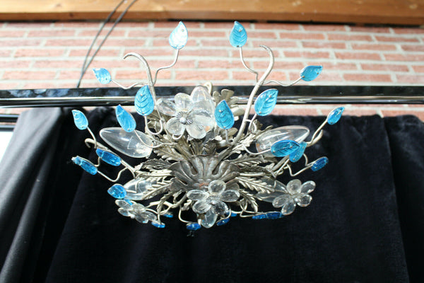 Vintage mid century DAisy flower blue glass leaf flush mount lamp attr bagues