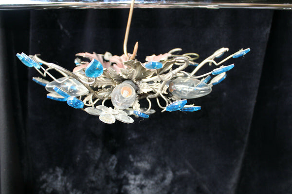 Vintage mid century DAisy flower blue glass leaf flush mount lamp attr bagues