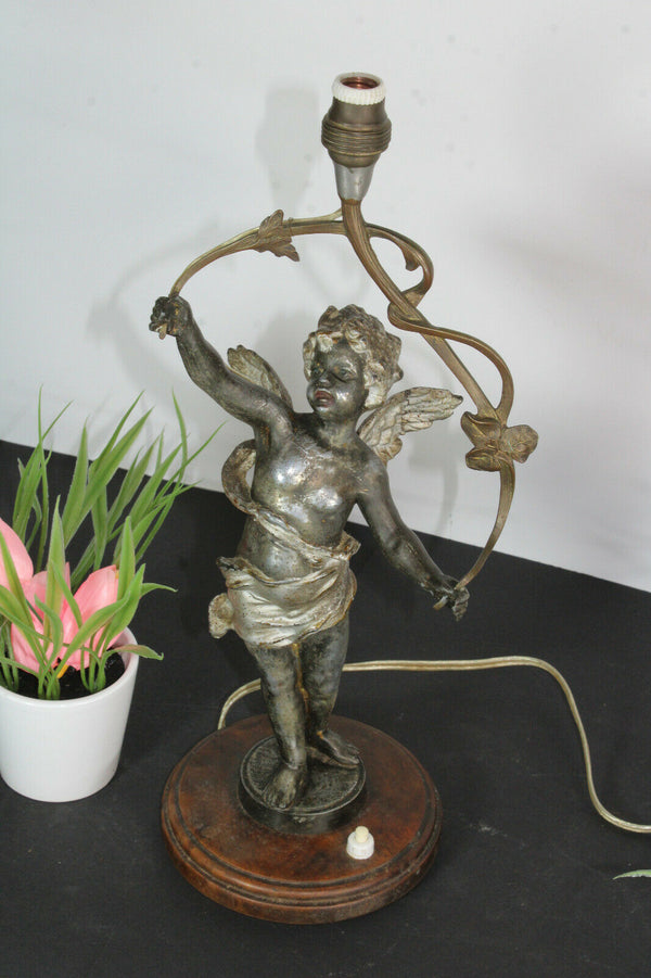 Antique French spelter bronze putti cherub figurine table lamp