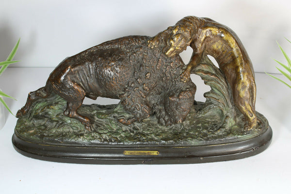 Antique French art deco terracotta hunt Lion buffalo attack sculpture statue