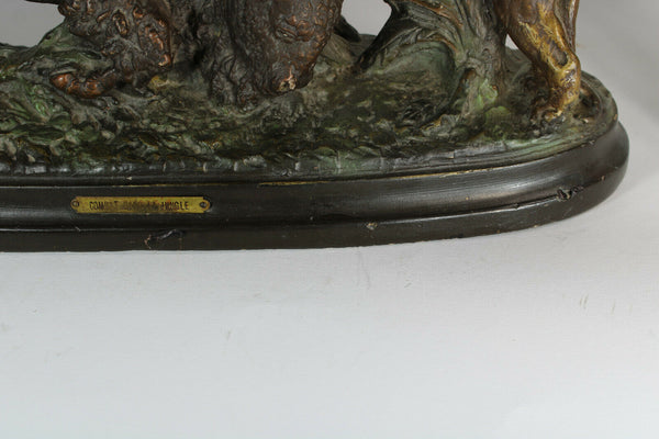 Antique French art deco terracotta hunt Lion buffalo attack sculpture statue