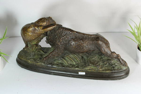 Antique French art deco terracotta hunt Lion buffalo attack sculpture statue