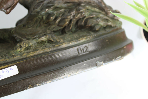 Antique French art deco terracotta hunt Lion buffalo attack sculpture statue