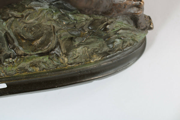 Antique French art deco terracotta hunt Lion buffalo attack sculpture statue