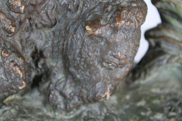 Antique French art deco terracotta hunt Lion buffalo attack sculpture statue