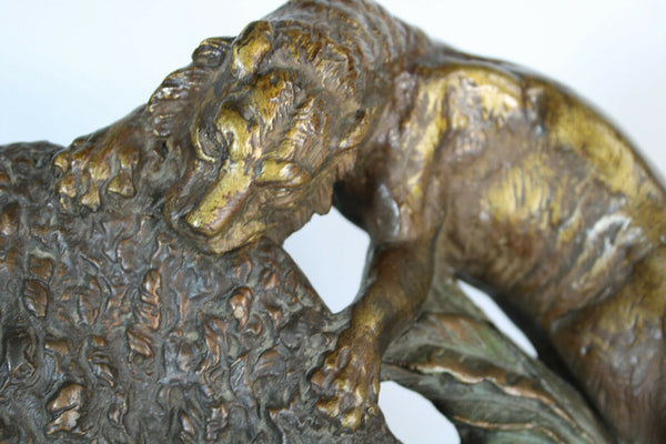 Antique French art deco terracotta hunt Lion buffalo attack sculpture statue