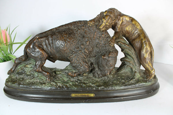 Antique French art deco terracotta hunt Lion buffalo attack sculpture statue