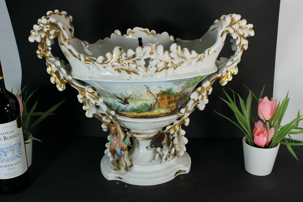 XXL French antique vieux paris porcelain Centerpiece bowl vase dog hunting rare