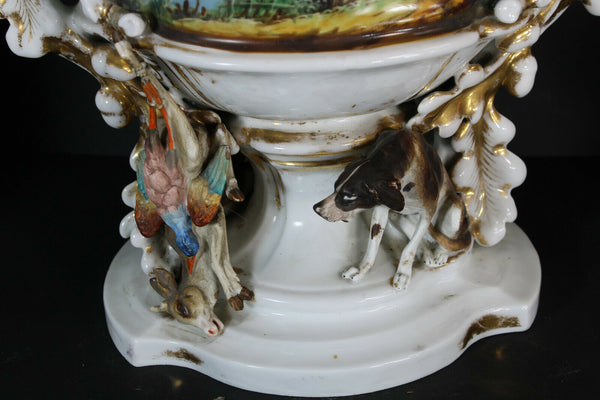 XXL French antique vieux paris porcelain Centerpiece bowl vase dog hunting rare