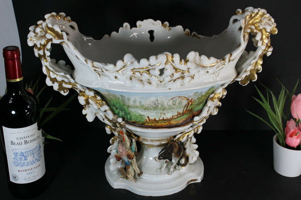 XXL French antique vieux paris porcelain Centerpiece bowl vase dog hunting rare