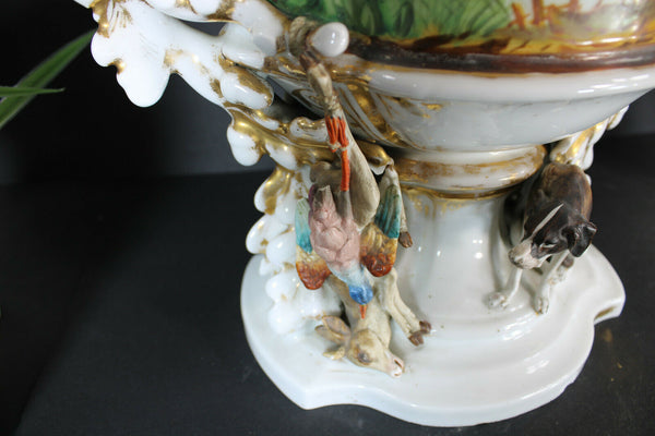 XXL French antique vieux paris porcelain Centerpiece bowl vase dog hunting rare
