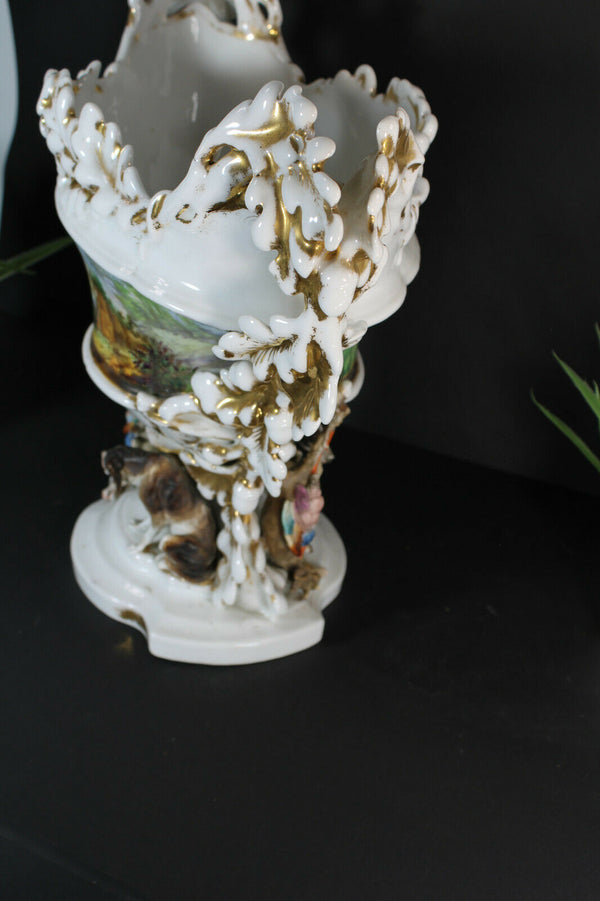 XXL French antique vieux paris porcelain Centerpiece bowl vase dog hunting rare