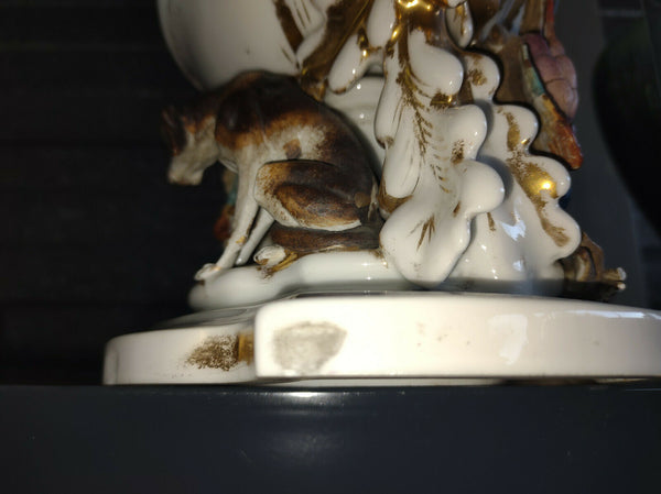 XXL French antique vieux paris porcelain Centerpiece bowl vase dog hunting rare