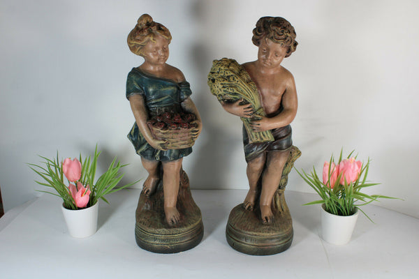 PAIR antique french chalkware romantic statue boy girl summer spring theme