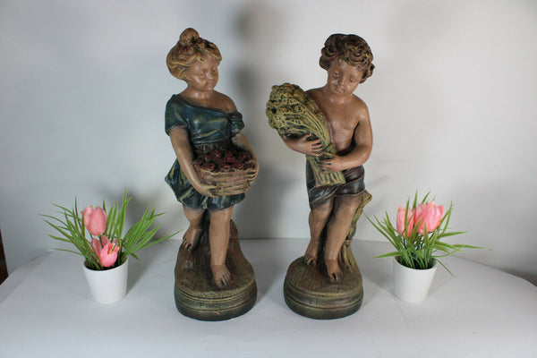 PAIR antique french chalkware romantic statue boy girl summer spring theme