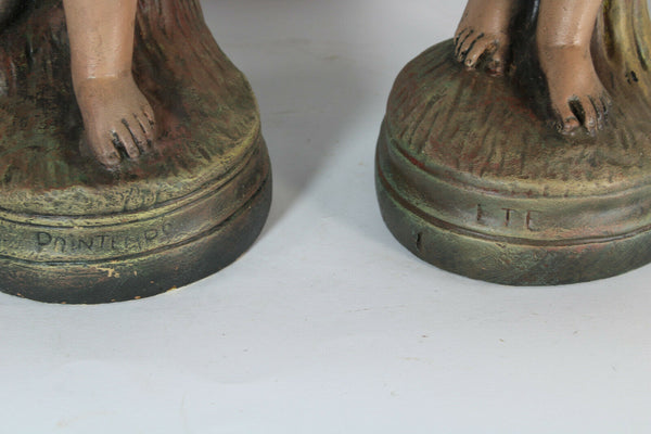 PAIR antique french chalkware romantic statue boy girl summer spring theme