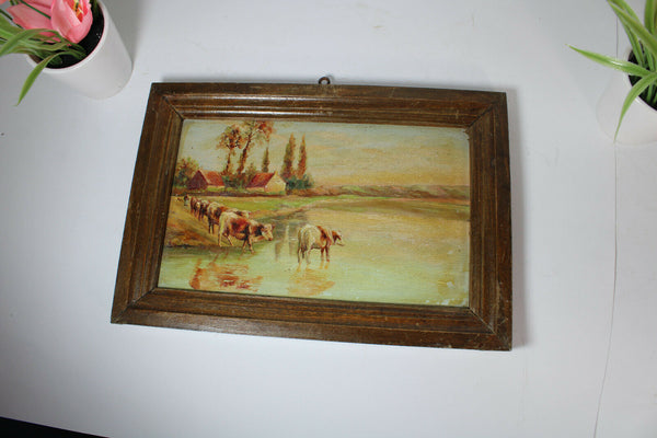 Antique French oil panel cows on water painting 1950