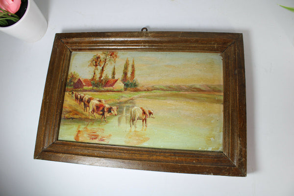 Antique French oil panel cows on water painting 1950