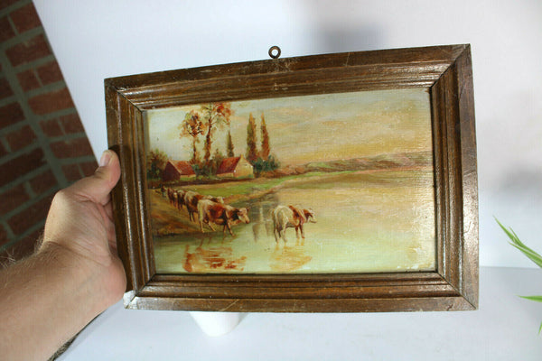 Antique French oil panel cows on water painting 1950