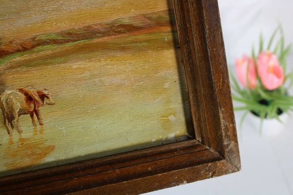 Antique French oil panel cows on water painting 1950