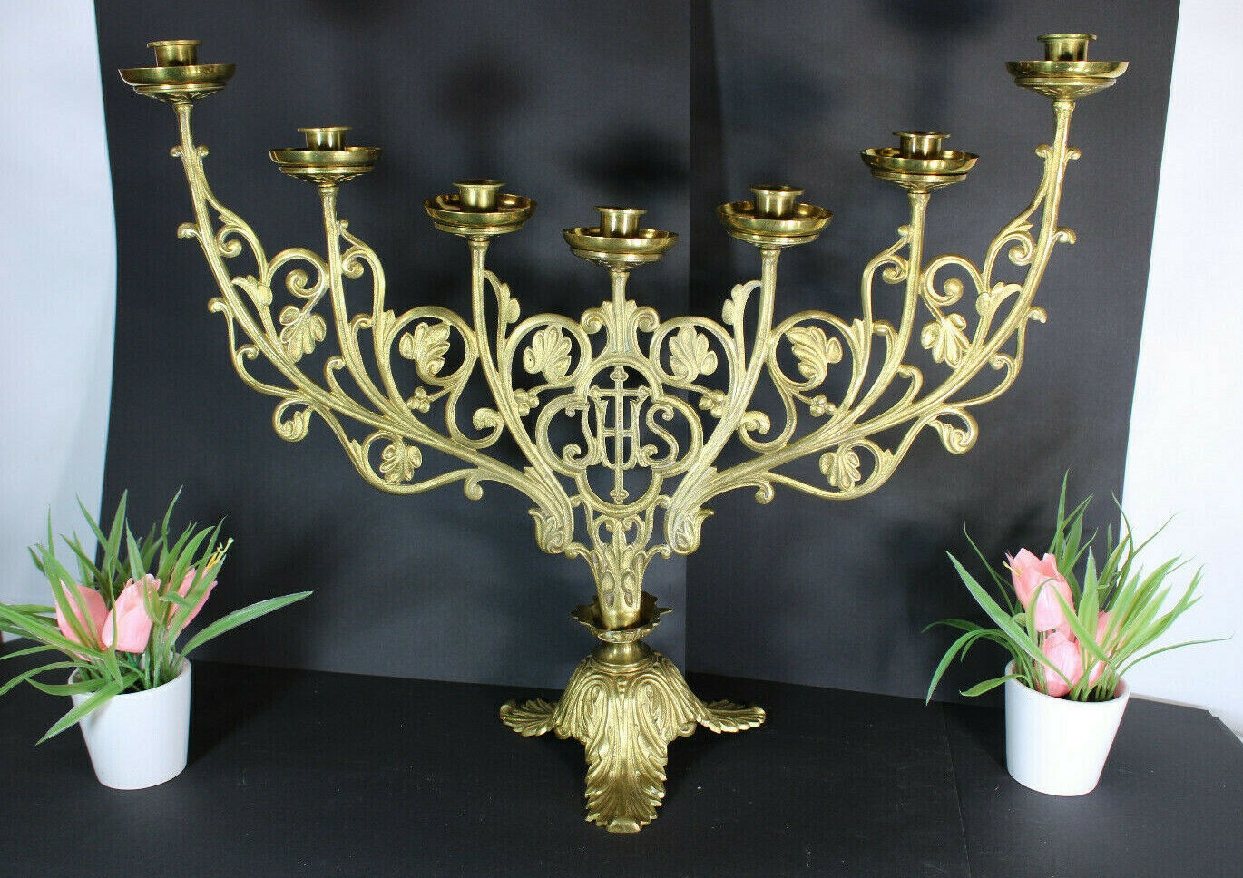 XL French church brass altar ihs text candle holder candelabra
