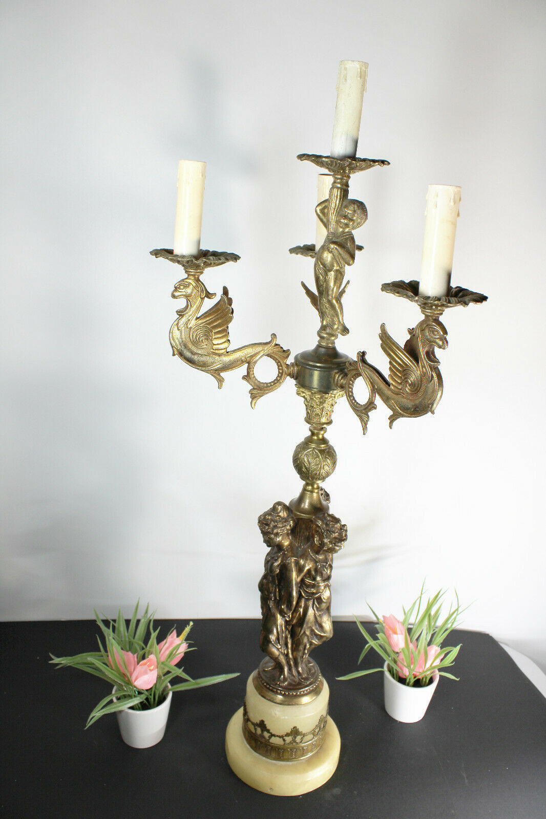 XL Brass onyx marble caryatid graces Dragons cherub putti Table lamp rare