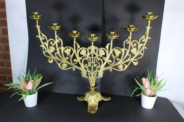 XL French church brass altar ihs text candle holder candelabra
