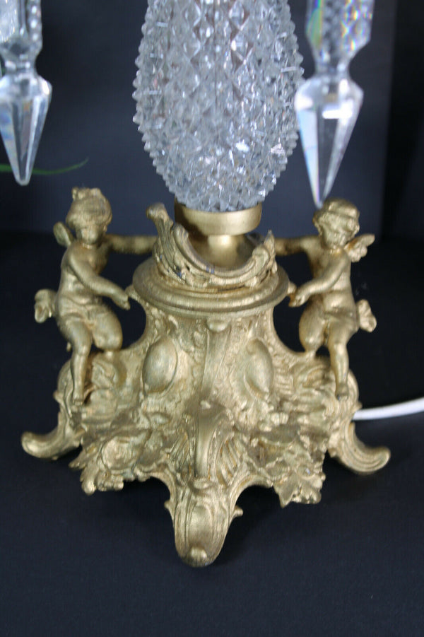 Vintage french crystal glass brass cherub putti table lamp rare 1960
