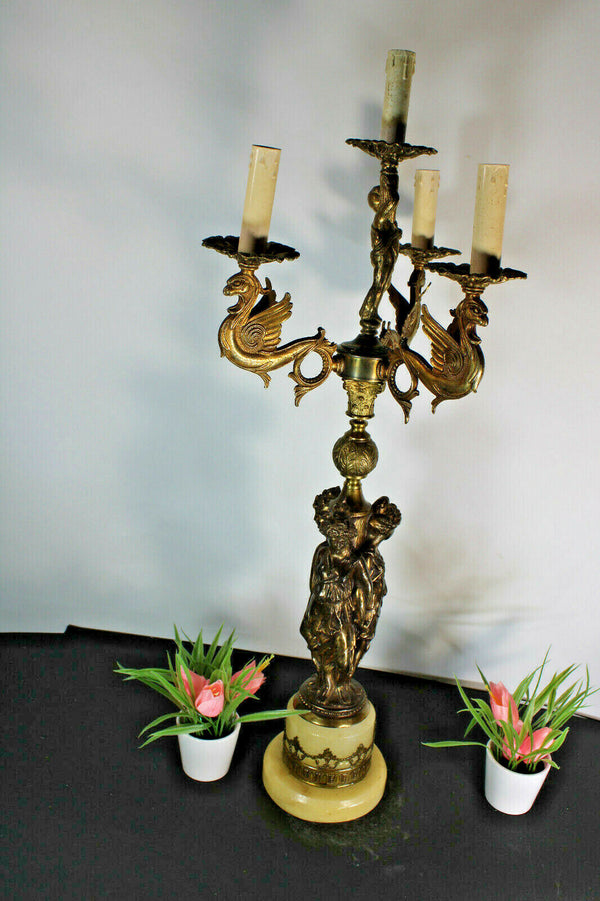 XL Brass onyx marble caryatid graces Dragons cherub putti Table lamp rare