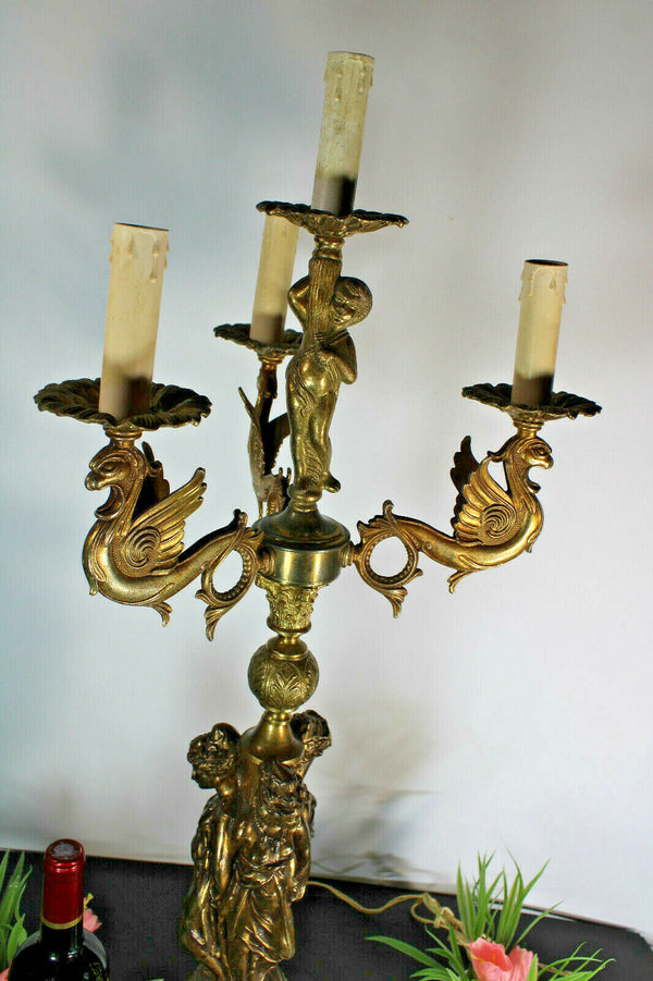XL Brass onyx marble caryatid graces Dragons cherub putti Table lamp rare