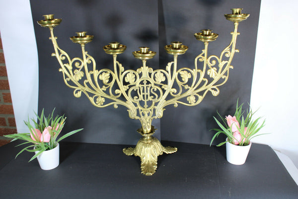 XL French church brass altar ihs text candle holder candelabra