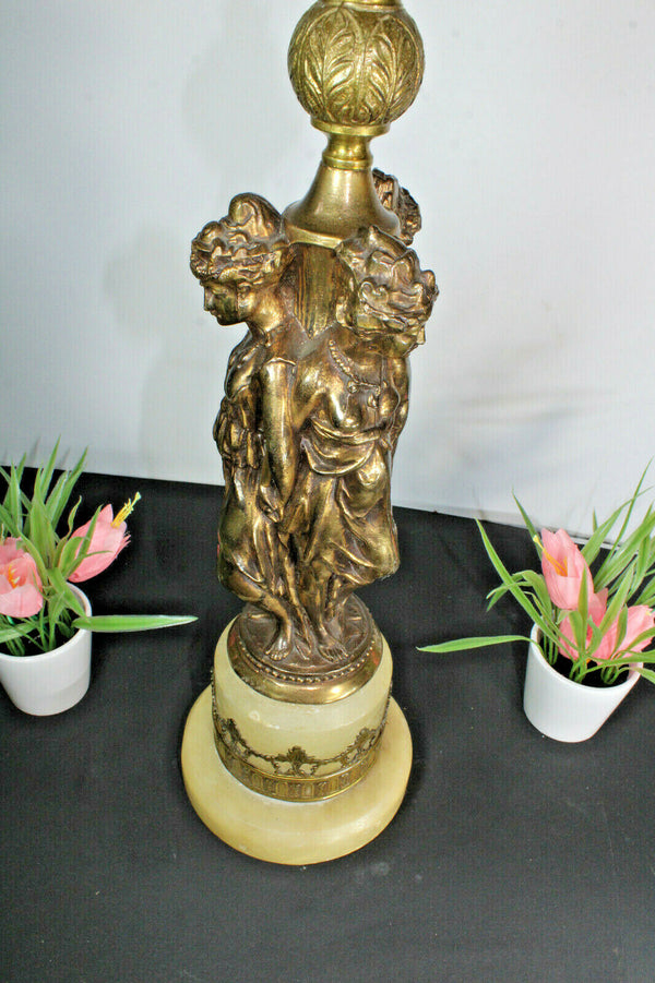 XL Brass onyx marble caryatid graces Dragons cherub putti Table lamp rare