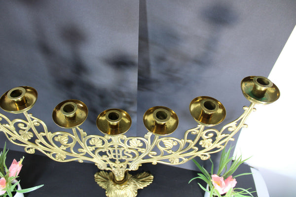 XL French church brass altar ihs text candle holder candelabra