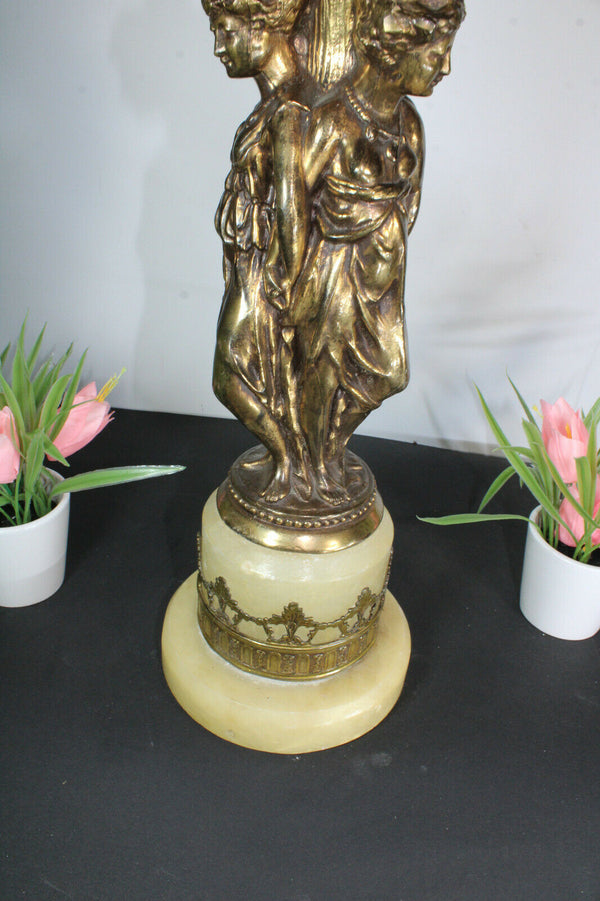 XL Brass onyx marble caryatid graces Dragons cherub putti Table lamp rare
