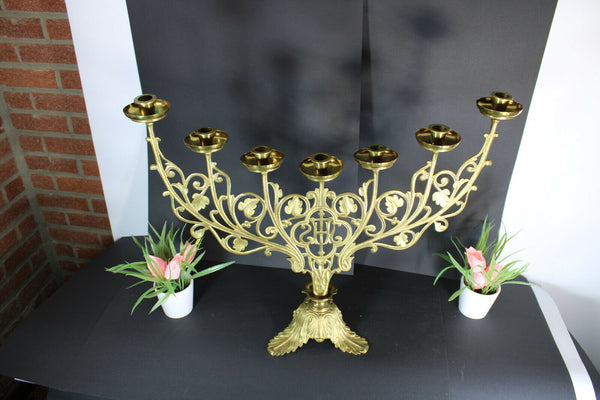 XL French church brass altar ihs text candle holder candelabra