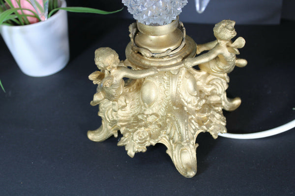 Vintage french crystal glass brass cherub putti table lamp rare 1960