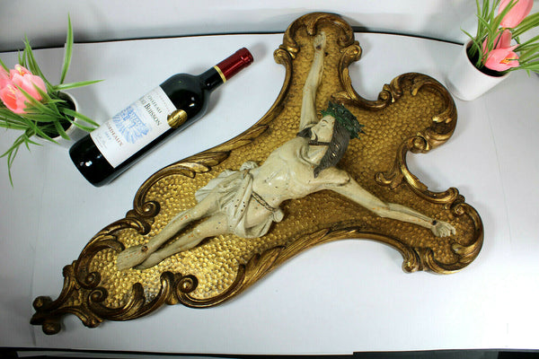 Antique Large wood carved polychrome Wall plaque crucifix religious rare