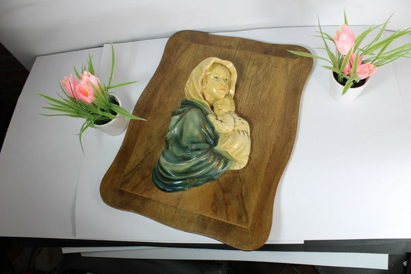 Antique French wood wall plaque with chalkware relief madonna child figurine