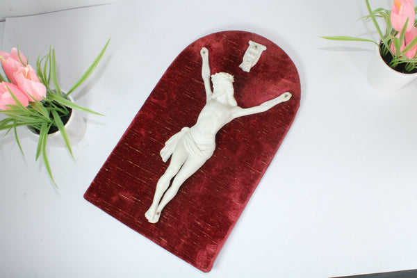 antique french bisque porcelain christ on red velvet wall plaque religious
