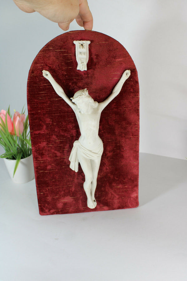 antique french bisque porcelain christ on red velvet wall plaque religious