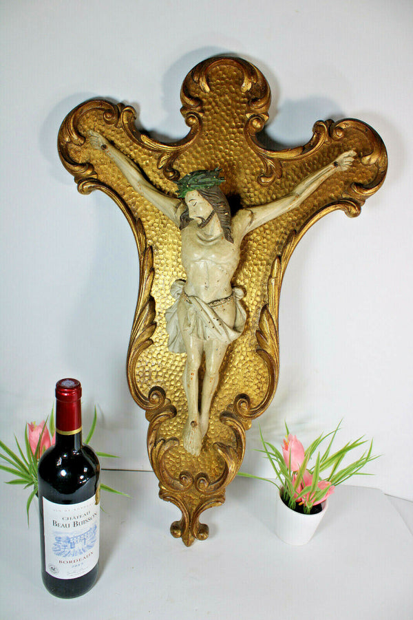 Antique Large wood carved polychrome Wall plaque crucifix religious rare