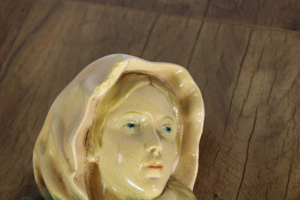 Antique French wood wall plaque with chalkware relief madonna child figurine