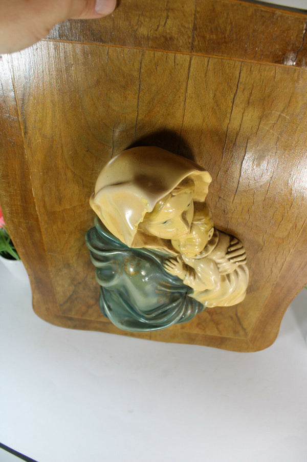 Antique French wood wall plaque with chalkware relief madonna child figurine