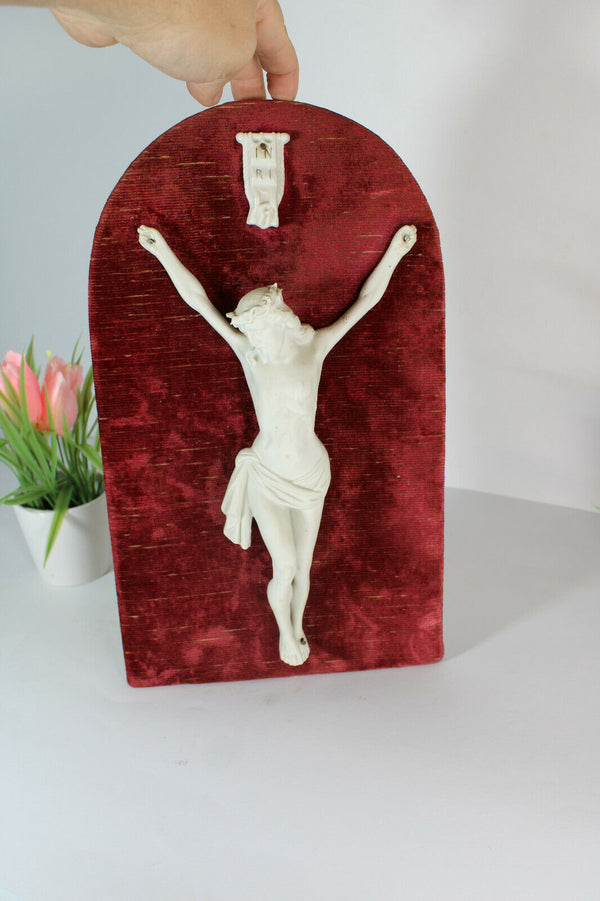 antique french bisque porcelain christ on red velvet wall plaque religious
