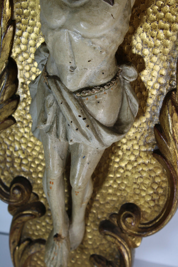 Antique Large wood carved polychrome Wall plaque crucifix religious rare