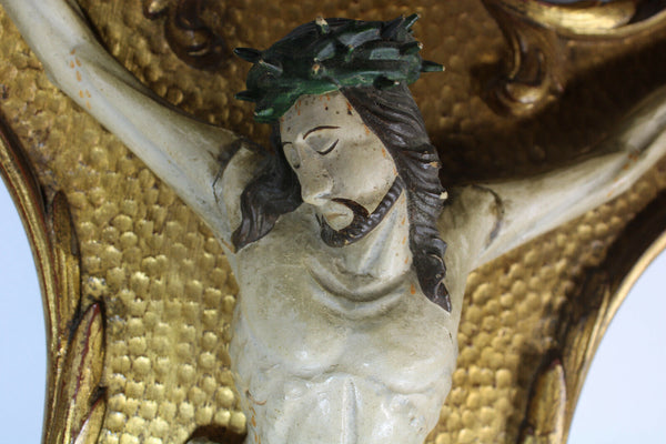 Antique Large wood carved polychrome Wall plaque crucifix religious rare
