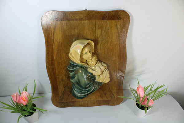 Antique French wood wall plaque with chalkware relief madonna child figurine
