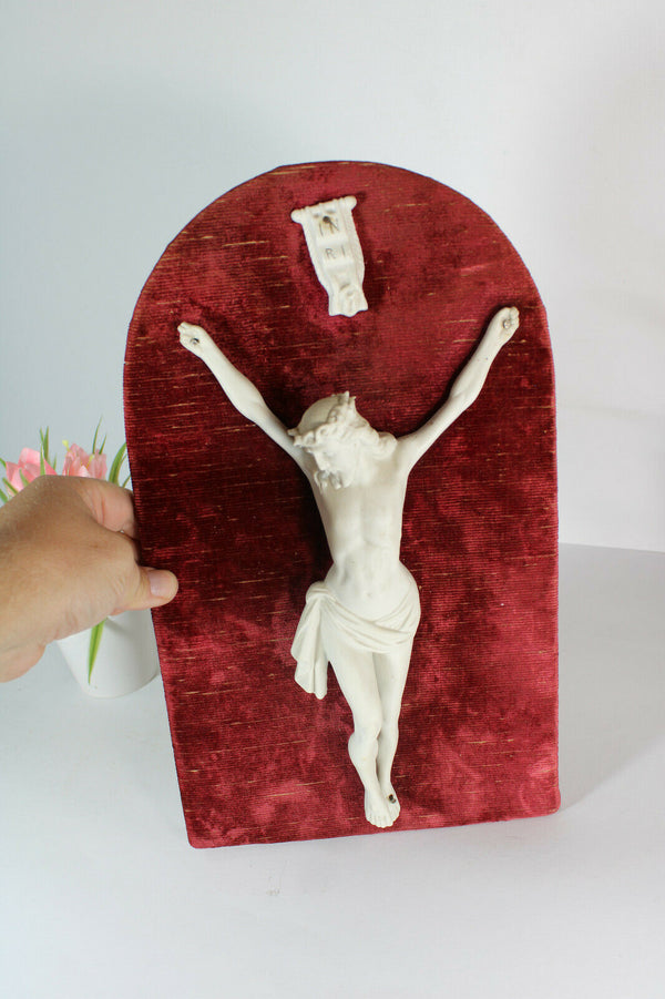 antique french bisque porcelain christ on red velvet wall plaque religious